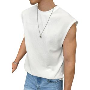 imageOYOANGLE Mens Letter Patched Textured Sleeveless Crew Neck Tank Tops Workout Athletic Casual ShirtsWhite