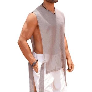 imageOYOANGLE Mens Mesh Side Slit Knot Hem Tank Tops Cut Off Crew Neck Sleeveless Shirts Summer Beach TopKhaki