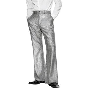 imageOYOANGLE Mens Metallic Shiny Flared Leg Pants Zipper Fly Party Long Trousers 70s Disco Dance PantsSilver