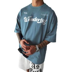 imageOYOANGLE Mens Oversized Graphic Print Short Sleeve Round Neck Streetwear Tee Shirt TopsBlue