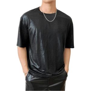 imageOYOANGLE Mens Oversized PU Leather Printed Short Sleeve Round Neck Longline Tee Shirt TopsBlack