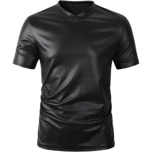 imageOYOANGLE Mens PU Leather V Neck Short Sleeve TShirt Party Solid Muscle Tee Tops ClubwearBlack