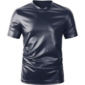 imageOYOANGLE Mens PU Leather V Neck Short Sleeve TShirt Party Solid Muscle Tee Tops ClubwearDark Blue