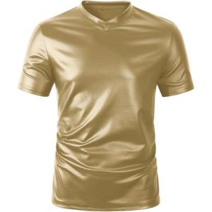 imageOYOANGLE Mens PU Leather V Neck Short Sleeve TShirt Party Solid Muscle Tee Tops ClubwearGold