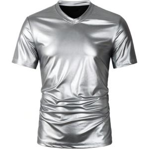 imageOYOANGLE Mens PU Leather V Neck Short Sleeve TShirt Party Solid Muscle Tee Tops ClubwearSilver