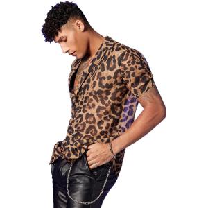 imageOYOANGLE Mens Paisley Graphic Sheer Mesh Short Sleeve Round Neck Blouse TopBrown Leopard