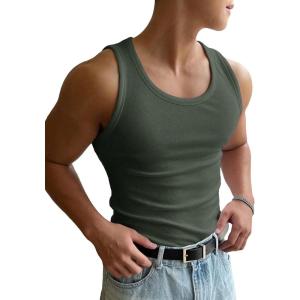imageOYOANGLE Mens Rib Knit Scoop Neck Sleeveless Tank Top Basic Solid Fitted Vest Tops Muscle UndershirtsArmy Green