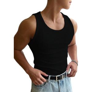 imageOYOANGLE Mens Rib Knit Scoop Neck Sleeveless Tank Top Basic Solid Fitted Vest Tops Muscle UndershirtsBlack