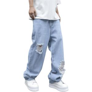 imageOYOANGLE Mens Ripped Distressed Jeans Wide Leg Casual Long Denim Pants with PocketLight Wash