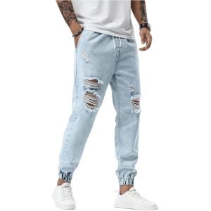 imageOYOANGLE Mens Ripped Jogger Jeans Drawstring Waist Distressed Denim Pants with PocketLight Wash