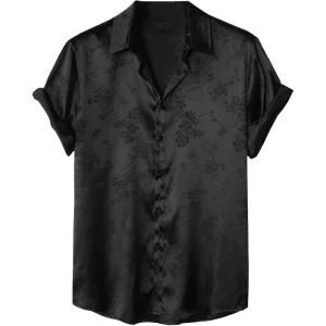 imageOYOANGLE Mens Satin Floral Print Button Down Front Lapel Collar Solid Short Sleeve ShirtBlack