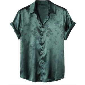 imageOYOANGLE Mens Satin Floral Print Button Down Front Lapel Collar Solid Short Sleeve ShirtDark Green