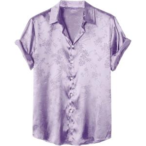imageOYOANGLE Mens Satin Floral Print Button Down Front Lapel Collar Solid Short Sleeve ShirtLilac Purple