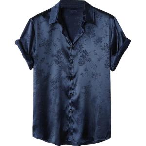 imageOYOANGLE Mens Satin Floral Print Button Down Front Lapel Collar Solid Short Sleeve ShirtNavy Blue