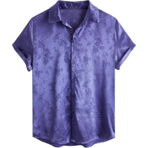imageOYOANGLE Mens Satin Floral Print Button Down Front Lapel Collar Solid Short Sleeve ShirtPurple Solid