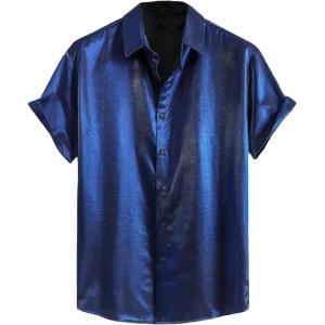 imageOYOANGLE Mens Satin Floral Print Button Down Front Lapel Collar Solid Short Sleeve ShirtRoyal Blue