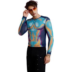 imageOYOANGLE Mens See Through Long Sleeve Round Neck T Shirts Sheer Mesh Partywear Rave Crop TopsBlue Multi
