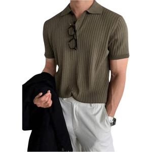 imageOYOANGLE Mens Short Sleeve Collared Shirts Button Front Ribbed Knit Solid Shirt TopArmy Green