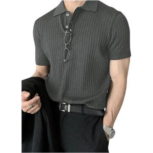 imageOYOANGLE Mens Short Sleeve Collared Shirts Button Front Ribbed Knit Solid Shirt TopGrey