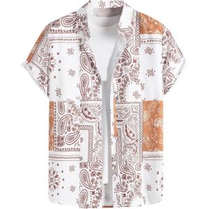 imageOYOANGLE Mens Short Sleeve Hawaiian Shirt Paisley Print Casual Button Down Aloha ShirtKhaki and Beige