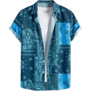 imageOYOANGLE Mens Short Sleeve Hawaiian Shirt Paisley Print Casual Button Down Aloha ShirtTeal Blue