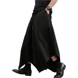 imageOYOANGLE Mens Skirt Pants Elastic Drawstring Waist Irregular Hem Wide Leg Trousers Loose Harem PantsBlack