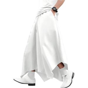 imageOYOANGLE Mens Skirt Pants Elastic Drawstring Waist Irregular Hem Wide Leg Trousers Loose Harem PantsWhite