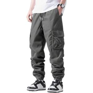 imageOYOANGLE Mens Solid Drawstring Waist Flap Pocket Streetwear Cargo Pants Sports Outdoor Jogger TrousersGrey