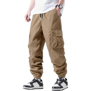 imageOYOANGLE Mens Solid Drawstring Waist Flap Pocket Streetwear Cargo Pants Sports Outdoor Jogger TrousersKhaki