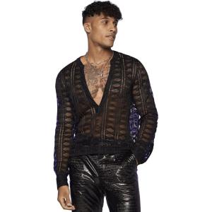 imageOYOANGLE Mens Solid Hollow Out See Through Party Clubwear Long Sleeve V Neck Shirt TopBlack