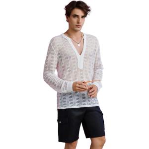imageOYOANGLE Mens Solid Hollow Out See Through Party Clubwear Long Sleeve V Neck Shirt TopWhite