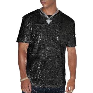 imageOYOANGLE Mens Sparkly Sequin Shirt Crew Neck Short Sleeve Shiny Tee Tops Nightclub Glitter T ShirtsBlack