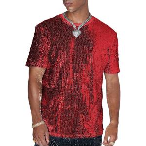 imageOYOANGLE Mens Sparkly Sequin Shirt Crew Neck Short Sleeve Shiny Tee Tops Nightclub Glitter T ShirtsRed