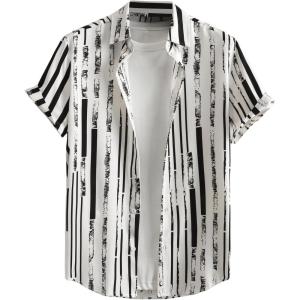 imageOYOANGLE Mens Striped Button Down Shirts Collar Neck Short Sleeve Casual Beach Vacation TopsBlack and White