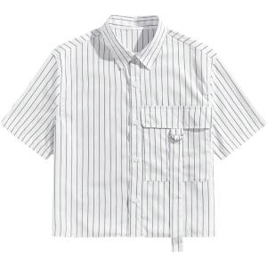 imageOYOANGLE Mens Striped Print Button Down Short Sleeve Flap Pocket Crop Shirt TopsWhite