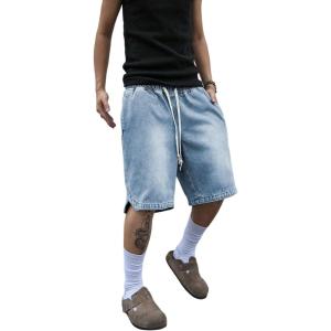 imageOYOANGLE Mens Vintage Denim Shorts Baggy Jean Shorts Elastic Drawstring Waist Baggy Jorts StreetwearLight Wash