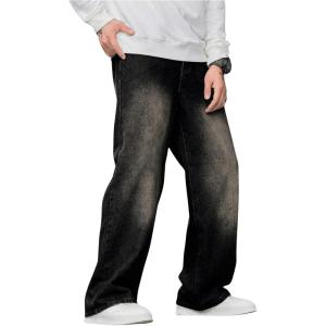 imageOYOANGLE Mens Wide Leg Denim Pants Casual Hip Hop Solid Loose Fit Jean Pants Streetwear Skateboard PantsBlack