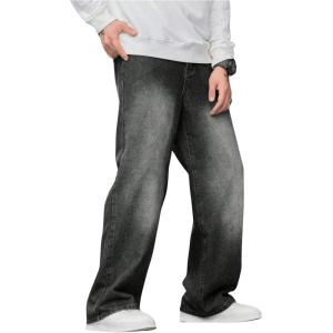 imageOYOANGLE Mens Wide Leg Denim Pants Casual Hip Hop Solid Loose Fit Jean Pants Streetwear Skateboard PantsGrey