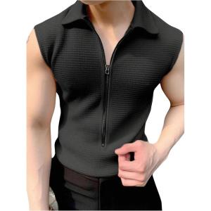 imageOYOANGLE Mens Zip Up Sleeveless Shirts Collared Neck Ribbed Knit Slim Fit Solid Casual Tank Tops StreetwearBlack