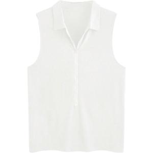 imageOYOANGLE Mens Zip Up Sleeveless Shirts Collared Neck Ribbed Knit Slim Fit Solid Casual Tank Tops StreetwearWhite