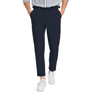 imageOYOANGLE Mens Zipper Fly Button Front Pleated Work Office Business Tapered Suit Pants with PocketsNavy Blue