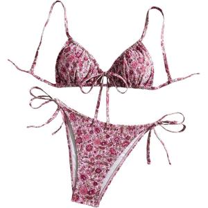 imageOYOANGLE Womens 2 Piece Bikini Set Floral Print Triangle Tie Side Swimsuits High Cut Bathing SuitsPurple