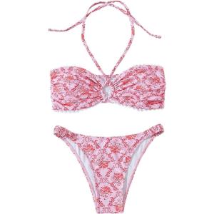 imageOYOANGLE Womens 2 Piece Floral Print Bikini Swimsuits Halter Ring Linked Lace Trim High Cut Ruched Bathing SuitsPink