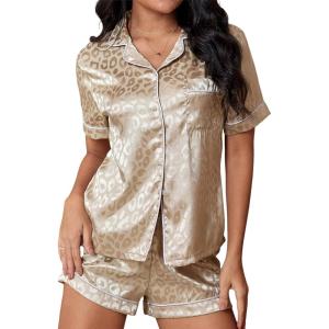 imageOYOANGLE Womens 2 Piece Leopard Satin Pajama Set Button Down Shirt and Shorts Pjs SleepwearGold