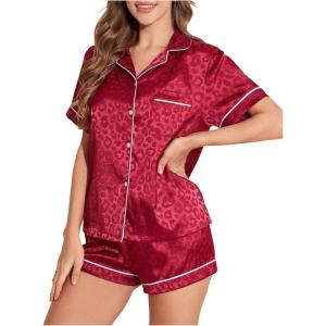 imageOYOANGLE Womens 2 Piece Leopard Satin Pajama Set Button Down Shirt and Shorts Pjs SleepwearRed