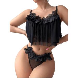 imageOYOANGLE Womens 2 Piece Lingerie Babydoll Floral Appliques Sheer Mesh Bra and Low Rise Thong SetBlack