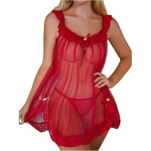 imageOYOANGLE Womens 2 Piece Mesh Sheer Floral Lace Babydoll Slip Dress Nightgowns and Thong Lingerie SetBurgundy