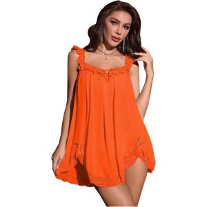 imageOYOANGLE Womens 2 Piece Mesh Sheer Floral Lace Babydoll Slip Dress Nightgowns and Thong Lingerie SetOrange
