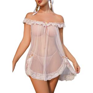 imageOYOANGLE Womens 2 Piece Mesh Sheer Floral Lace Babydoll Slip Dress Nightgowns and Thong Lingerie SetPink