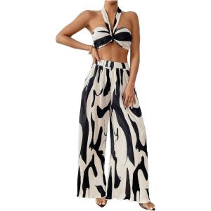 imageOYOANGLE Womens 2 Piece Outfits Graphic Print Knitted Crop Halter Top and Wide Leg Pants SetBlack